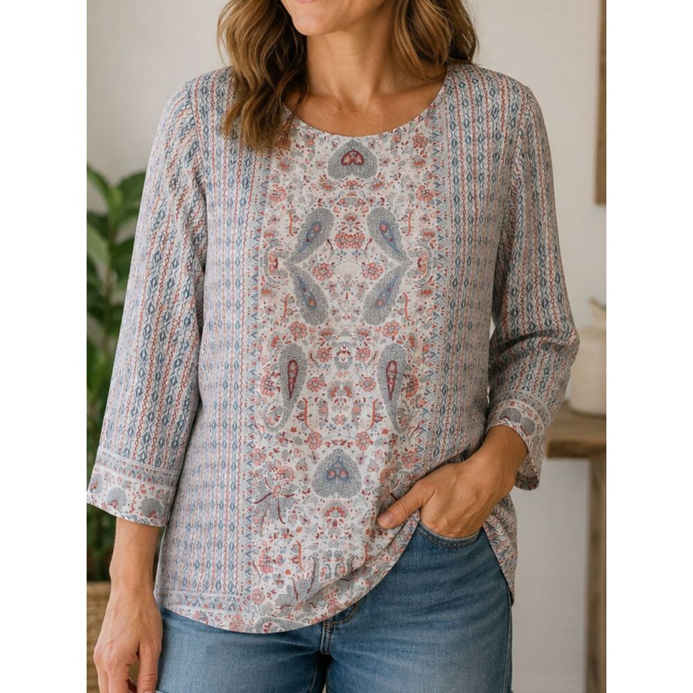 Mercer & Madison Boho Paisley Floral Blouse Tunic Blue Coral Size Large